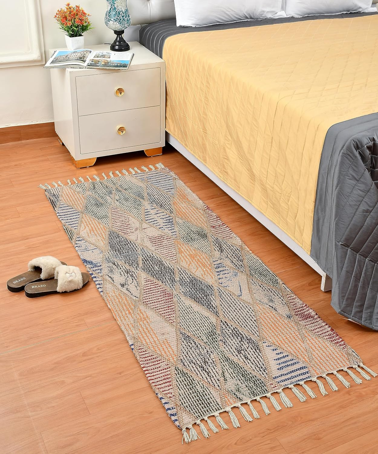 Handmade Sustainable Printed Modern Dhurrie Rug (2x5 ft) Upcycled Fabric | Living Room Bedside Runner Home Decor