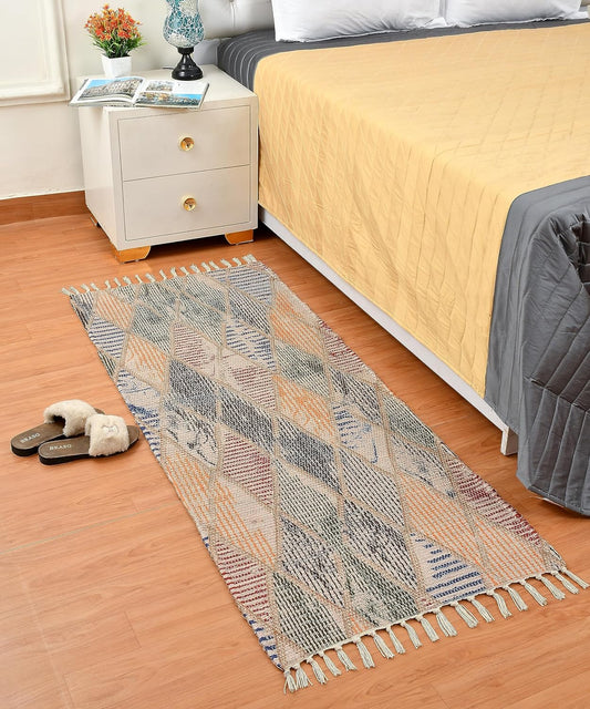 Handmade Sustainable Printed Modern Dhurrie Rug (2x5 ft) Upcycled Fabric | Living Room Bedside Runner Home Decor