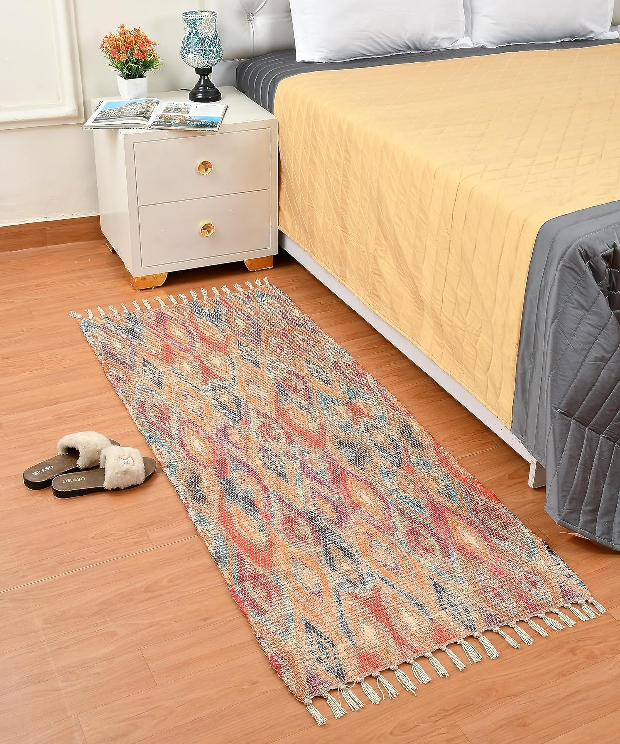 Modern Sustainable Handmade Printed Dhurrie Rug (2x5 ft) | Upcycled Fabric Carpet, Living Room Runner