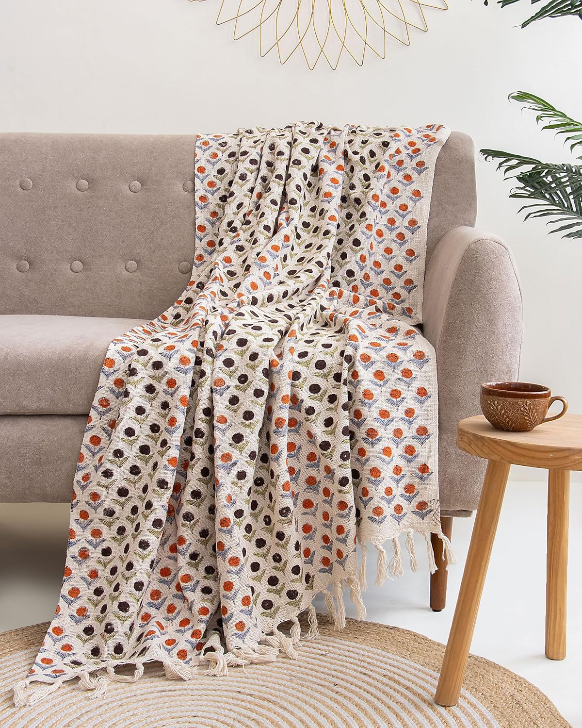 Hand Printed Throw Blanket – Reversible Cotton Bedspread – 50x70 in – Double-Sided Design