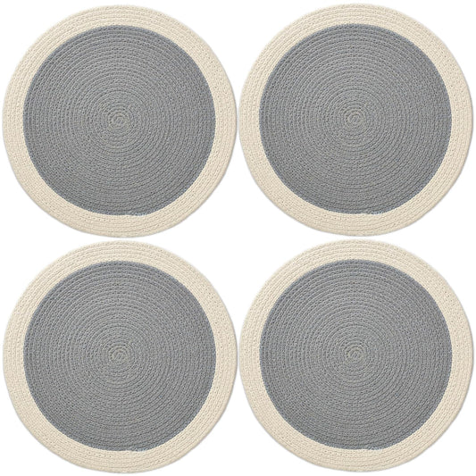 Handmade Ribbed Cotton Round Table Mats Set of 4 | Heat-Resistant, Washable Dining Placemats 32cm, Light Grey