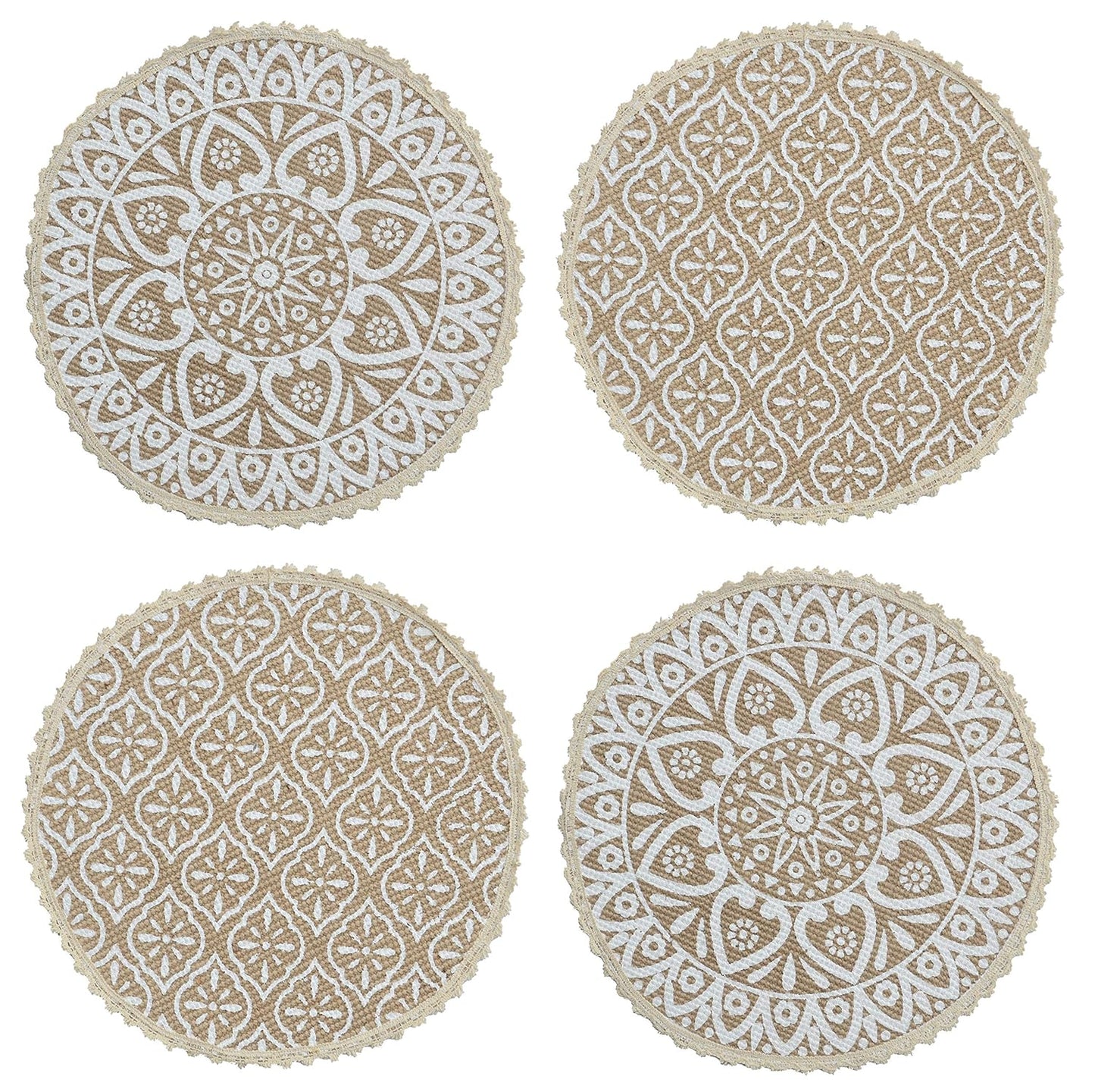 White Jute & Cotton Printed Round Table Mats - Pack of 4, 38x38 cm | Dining Placemats, Home Decor