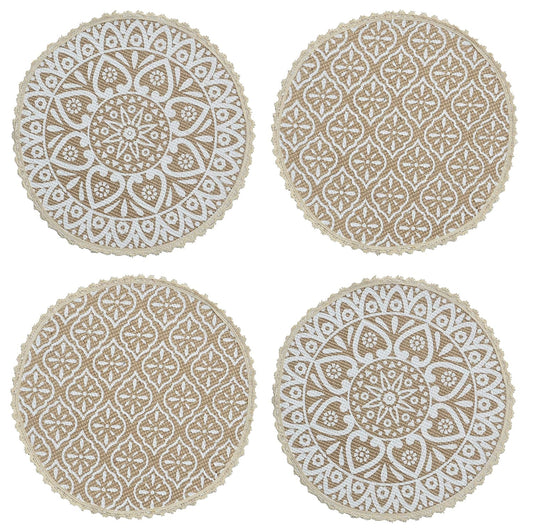 White Jute & Cotton Printed Round Table Mats - Pack of 4, 38x38 cm | Dining Placemats, Home Decor