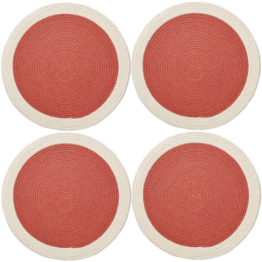 Handmade Ribbed Coral Cotton Dining Table Mats Set of 4, 32cm | Heat-Resistant, Non-Slip, Washable Placemats