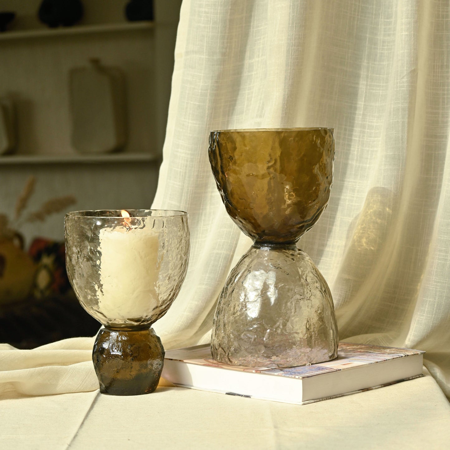 Textured Glass Pillar Candle Holder - Reversible Dual-Toned