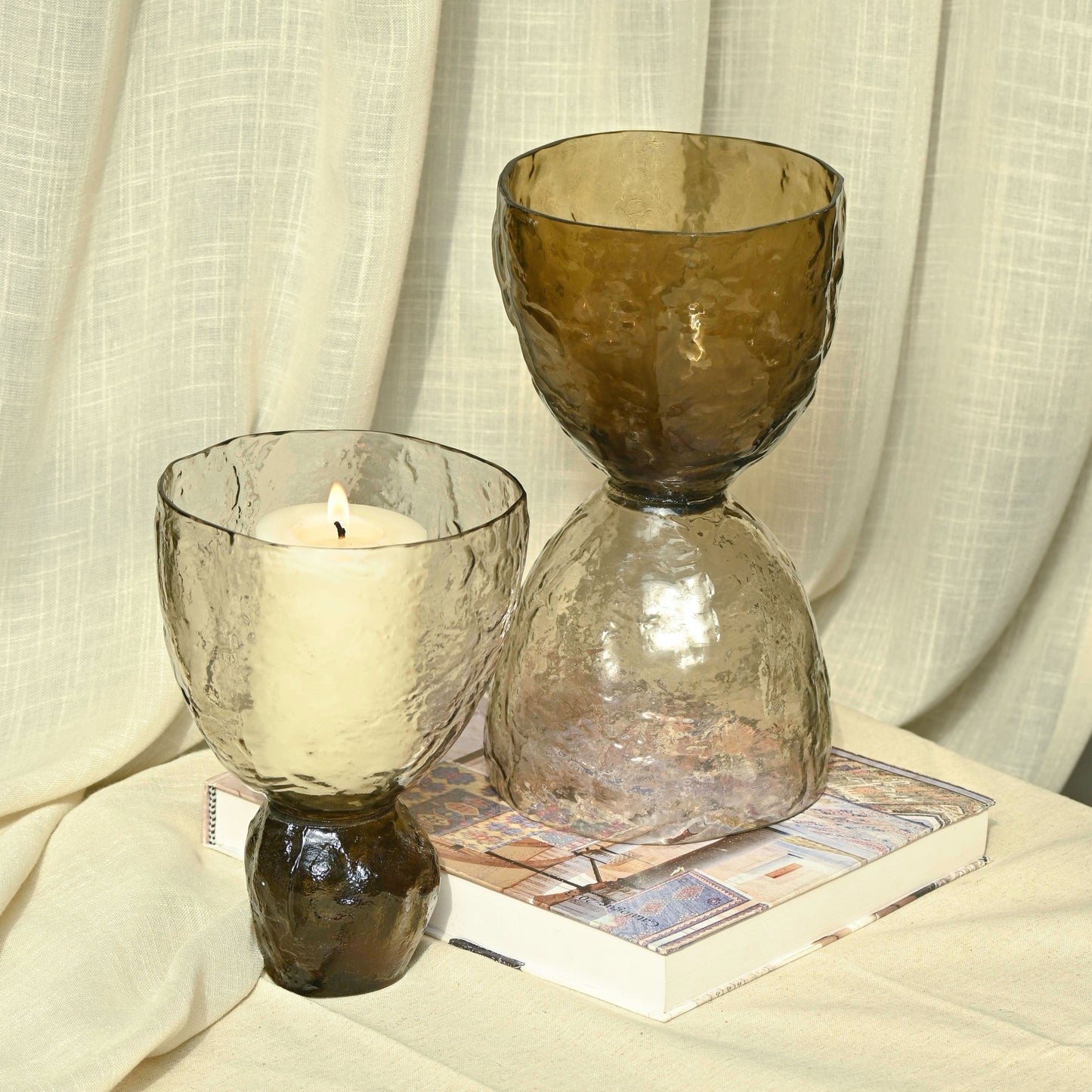 Textured Glass Pillar Candle Holder - Reversible Dual-Toned