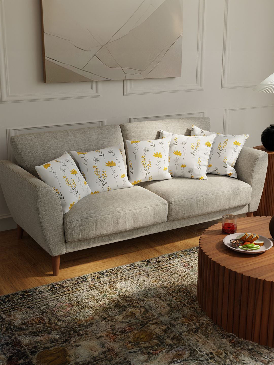 Yellow Floral Cotton – Cushion Covers – Breathable Square – 5-Piece Set – 40x40cm