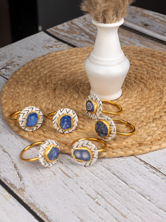 White & Printed Napkin Rings – Tabletop Decor – Wood & Agate – Set of 6