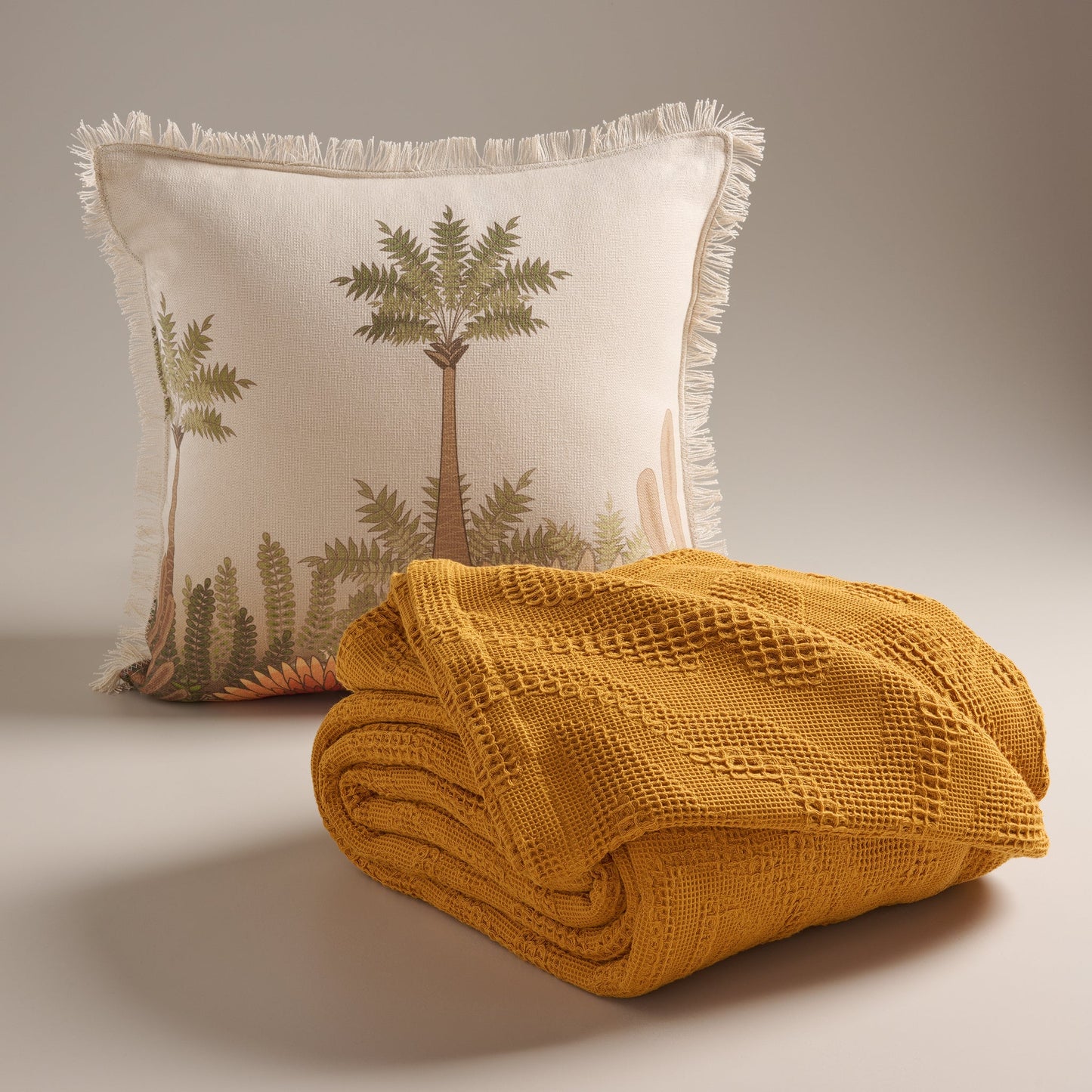 Bed Cover | Cotton Waffle Damask Motif | King & Queen Size with Cushion Cover