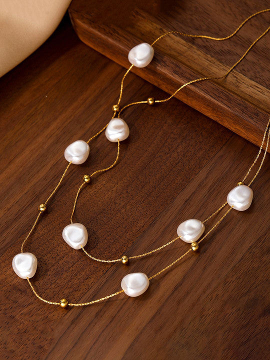 Pearl-Accented Multi-Strand Necklace – Gold-Plated Stainless Steel