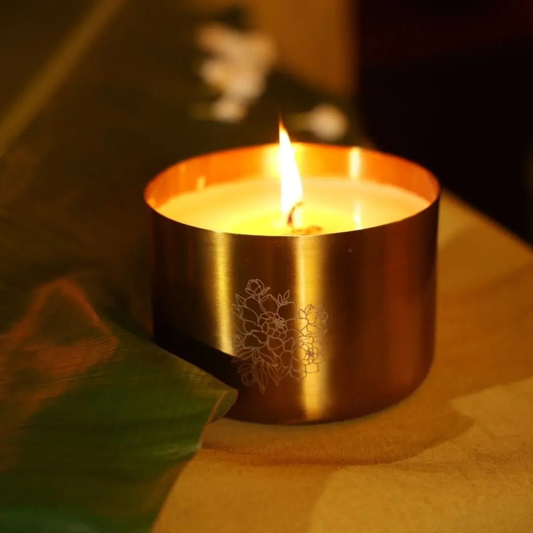 Brass Finish Peony Laser Candle – Handcrafted Soy Wax Jar Candle with Tuberose Fragrance