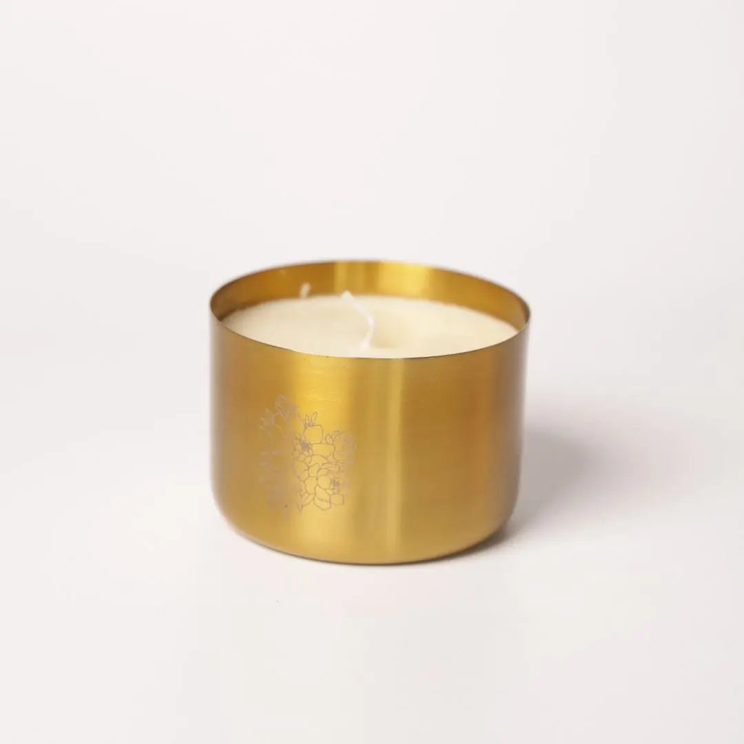 Brass Finish Peony Laser Candle – Handcrafted Soy Wax Jar Candle with Tuberose Fragrance