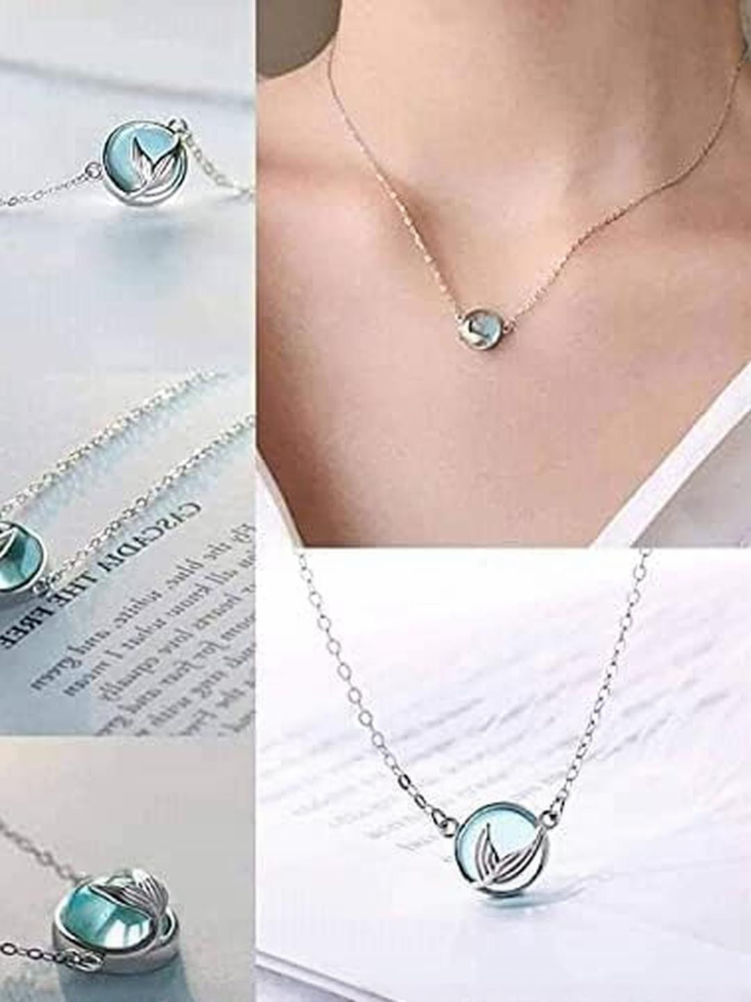 Silver-toned Necklace – Fashion Jewellery – Blue Resin Leaf Pendant