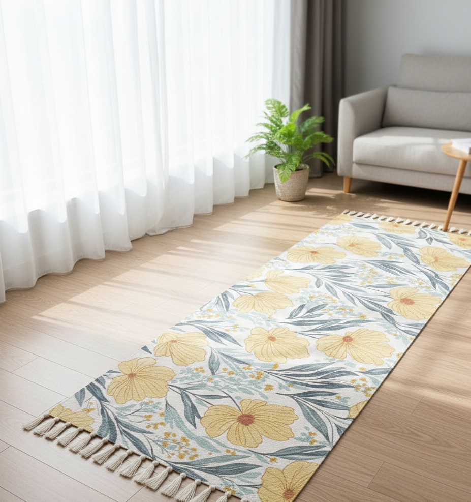 Hand Woven Modern Printed 100% Cotton Washable Bedside Runner Rug 2x5 Feet | Living Room Carpet, Bedroom Floor Decor