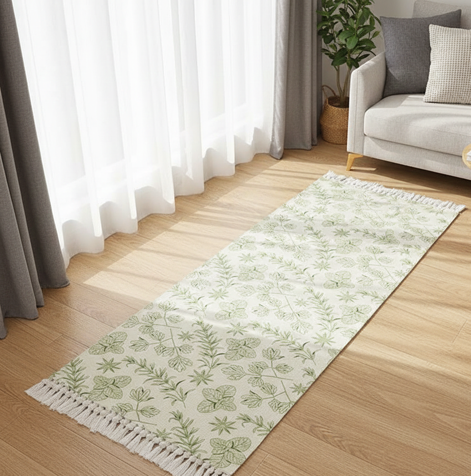 Hand Woven 100% Cotton Washable Printed Bedside Runner Rug 2x5 Feet | Living Room, Bedroom, Kitchen Carpet, Green Grass