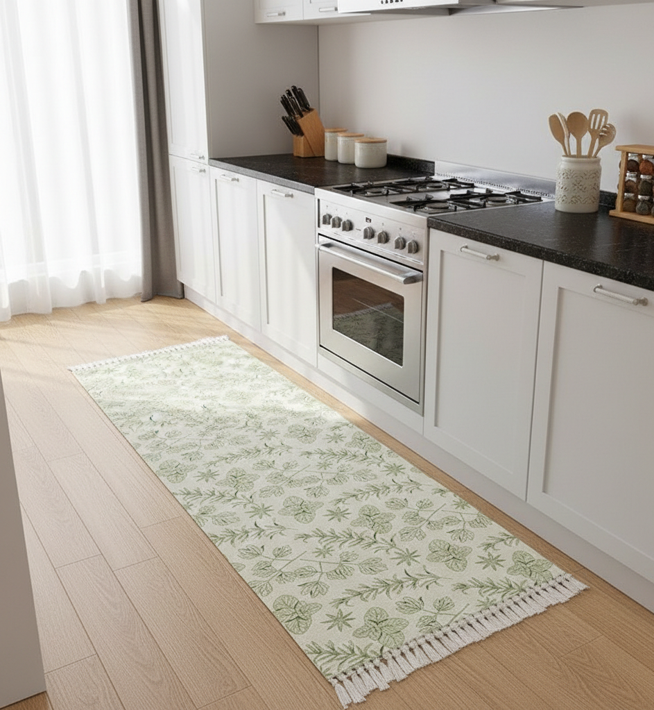 Hand Woven 100% Cotton Washable Printed Bedside Runner Rug 2x5 Feet | Living Room, Bedroom, Kitchen Carpet, Green Grass