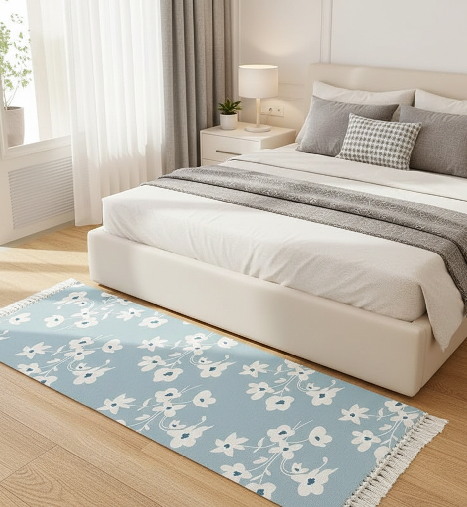 Hand Woven 100% Cotton Washable Gardenia Print Bedside Runner 2x5 ft | Carpet for Living Room, Bedroom, Kitchen