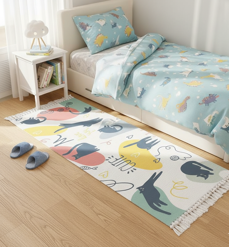 Hand Woven Printed Modern 100% Cotton Washable Bedside Runner Rug 2x5 Feet | Living Room, Bedroom, Kitchen, Cute Cat