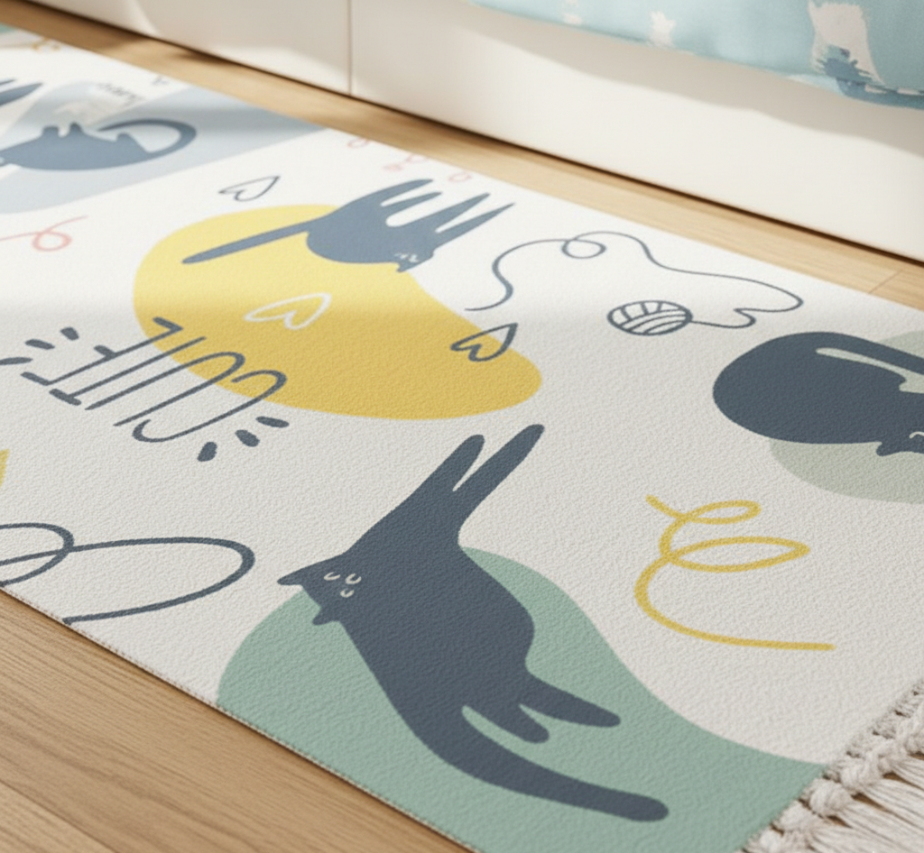 Hand Woven Printed Modern 100% Cotton Washable Bedside Runner Rug 2x5 Feet | Living Room, Bedroom, Kitchen, Cute Cat