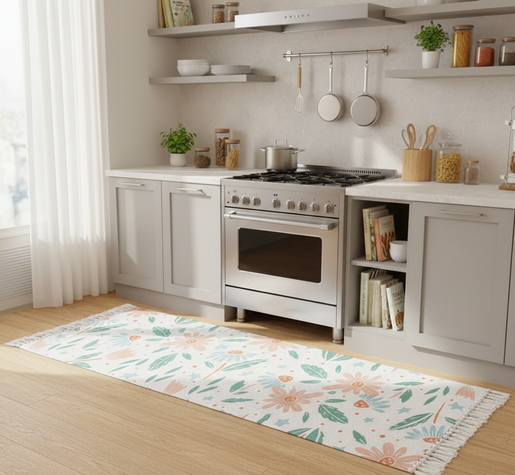 Hand Woven Floral Printed 100% Cotton Washable Bedside Runner 2x5 Ft | Living Room Bedroom Kitchen Carpet Rug Mat