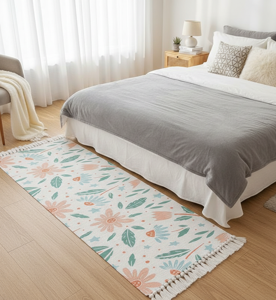 Hand Woven Floral Printed 100% Cotton Washable Bedside Runner 2x5 Ft | Living Room Bedroom Kitchen Carpet Rug Mat