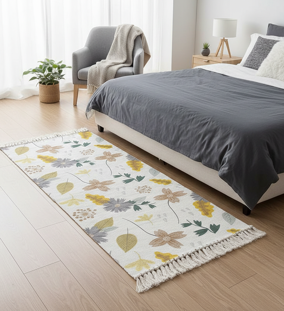 Modern Botanical Hand Woven Cotton Washable Bedside Runner Rug 2x5 Feet | Living Room, Bedroom, Kitchen Carpet