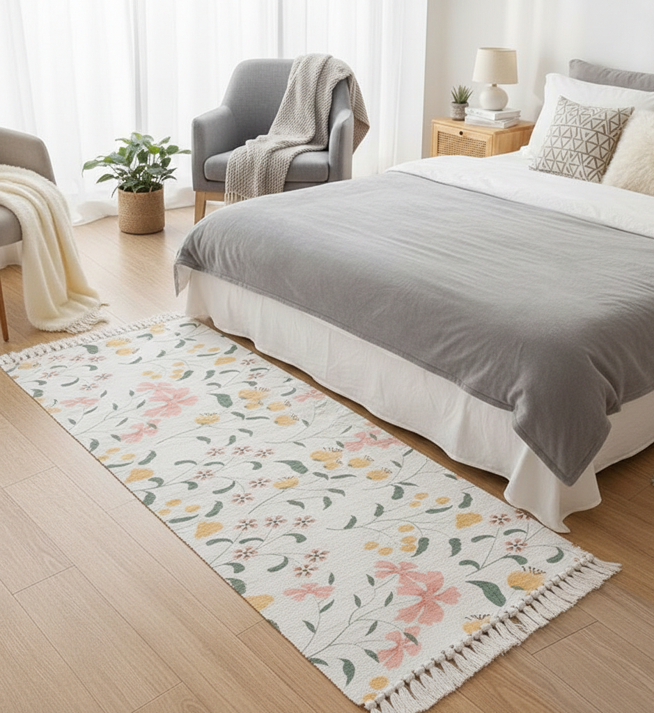 Farmhouse Botanical Printed Hand Woven 100% Cotton Washable Bedside Runner, 2x5 Ft | Living Room, Bedroom Rug