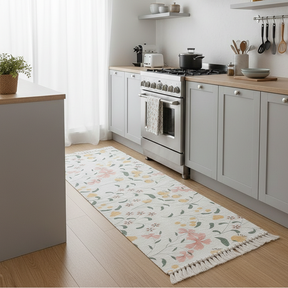 Farmhouse Botanical Printed Hand Woven 100% Cotton Washable Bedside Runner, 2x5 Ft | Living Room, Bedroom Rug