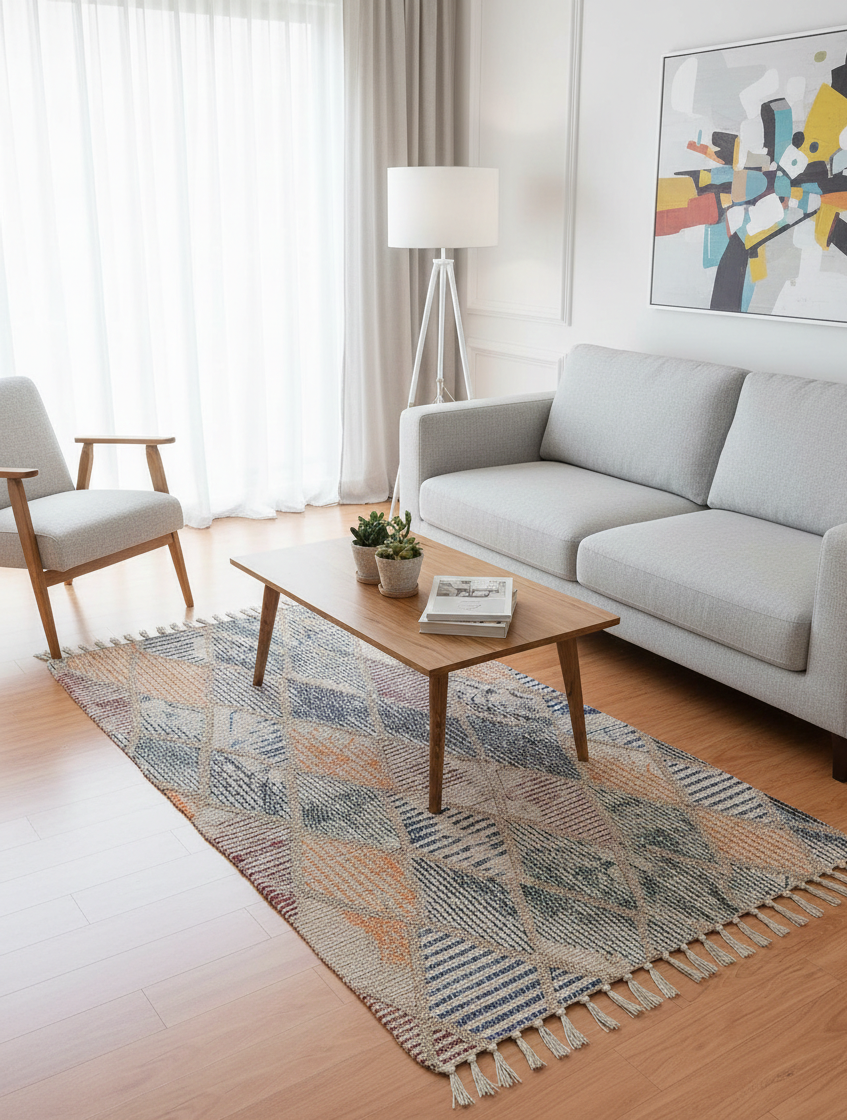 Handmade Sustainable Printed Modern Dhurrie Rug (2x5 ft) Upcycled Fabric | Living Room Bedside Runner Home Decor