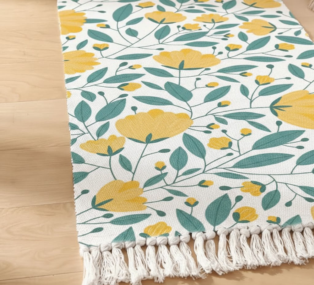 Modern Hand Woven Yellow Floral Printed 100% Cotton Washable Bedside Runner Rug 2x5 Feet | Living Room Bedroom Kitchen Carpet