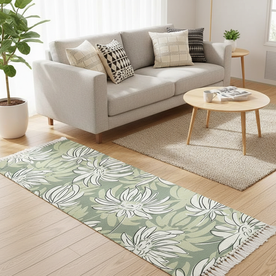 Modern Floral Hand Woven 100% Cotton Washable Bedside Runner 2x5 ft | Living Room, Bedroom, Kitchen Carpet