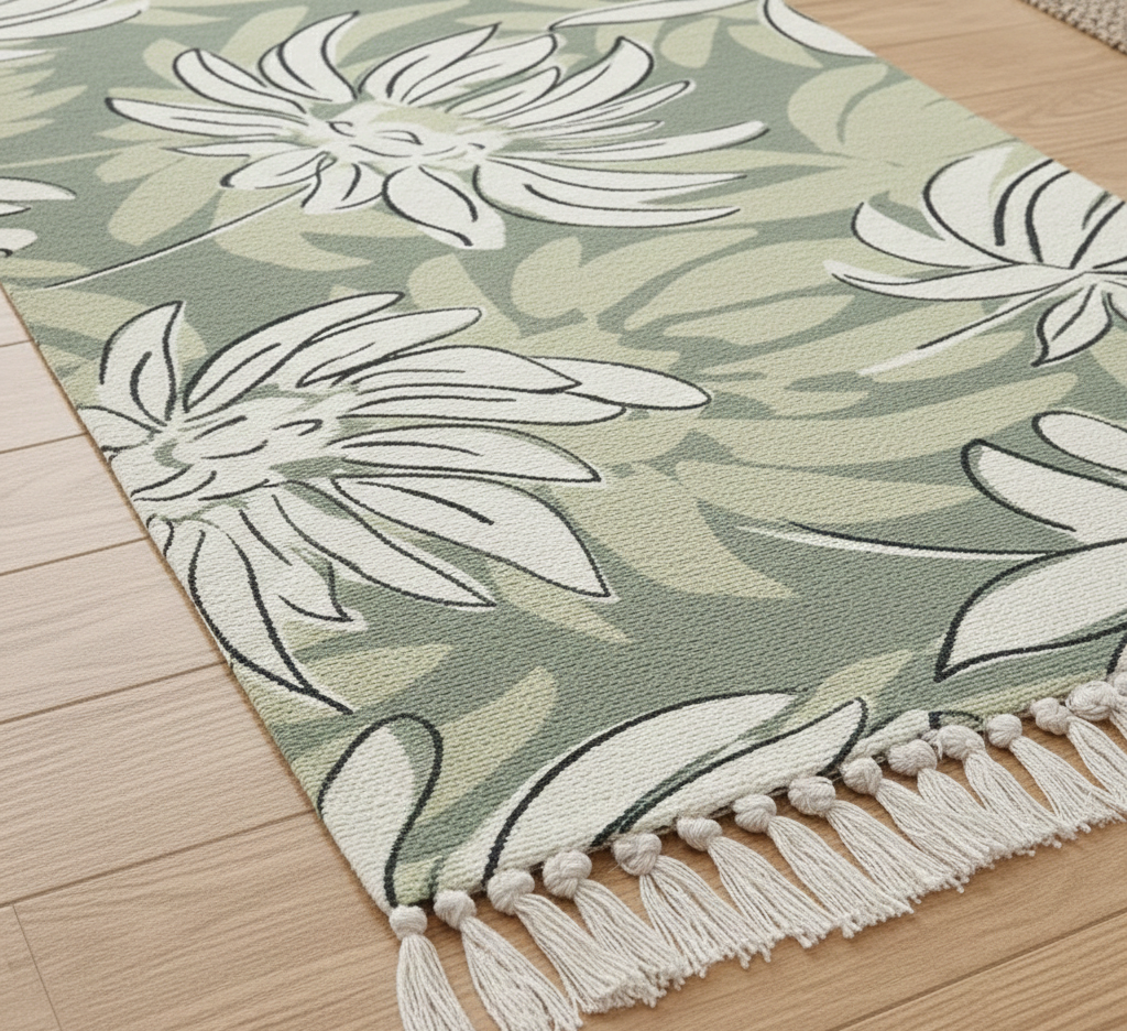 Modern Floral Hand Woven 100% Cotton Washable Bedside Runner 2x5 ft | Living Room, Bedroom, Kitchen Carpet