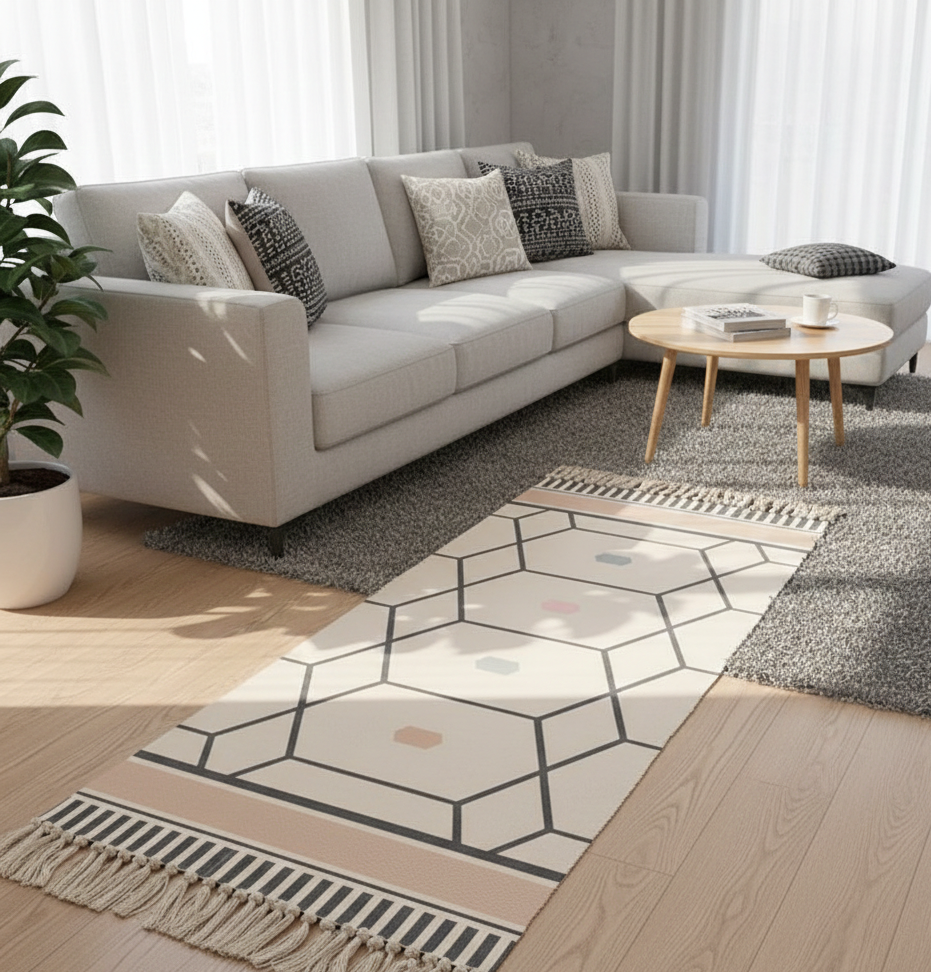 Retro Tapestry Modern Diamond Hand Woven Washable Cotton Bedside Runner Rug 2x5 Feet | Living Room Bedroom Kitchen Carpet