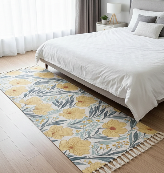 Hand Woven Modern Printed 100% Cotton Washable Bedside Runner Rug 2x5 Feet | Living Room Carpet, Bedroom Floor Decor