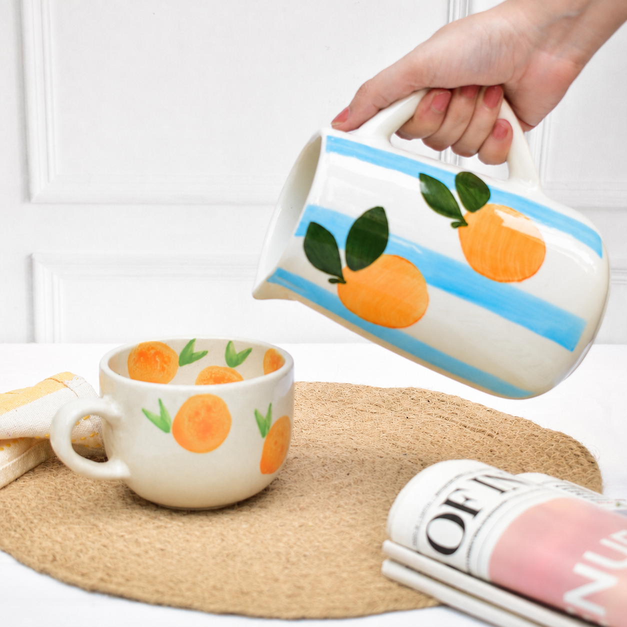 Jug | Indian Ceramic Blue Stripe | Orange