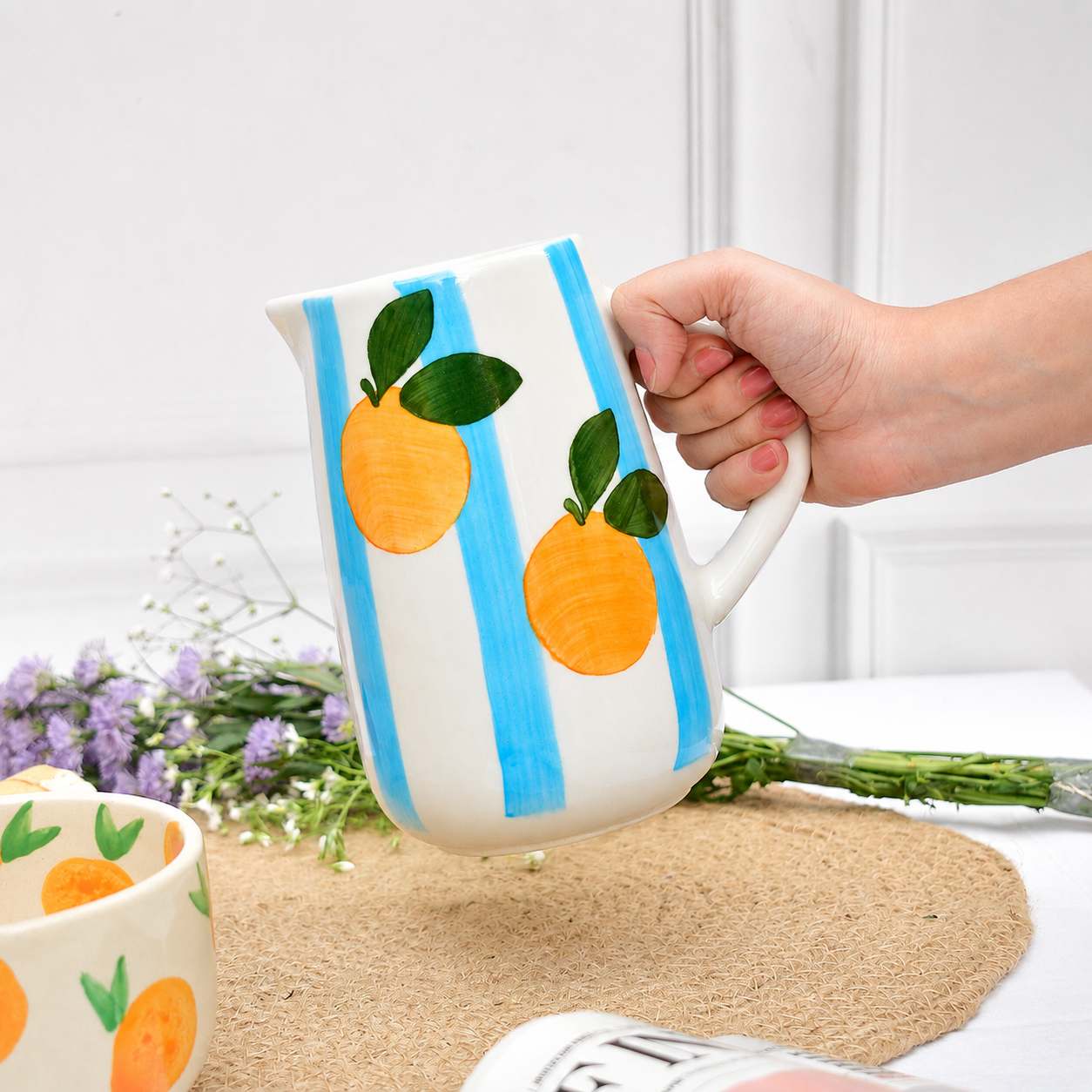 Jug | Indian Ceramic Blue Stripe | Orange