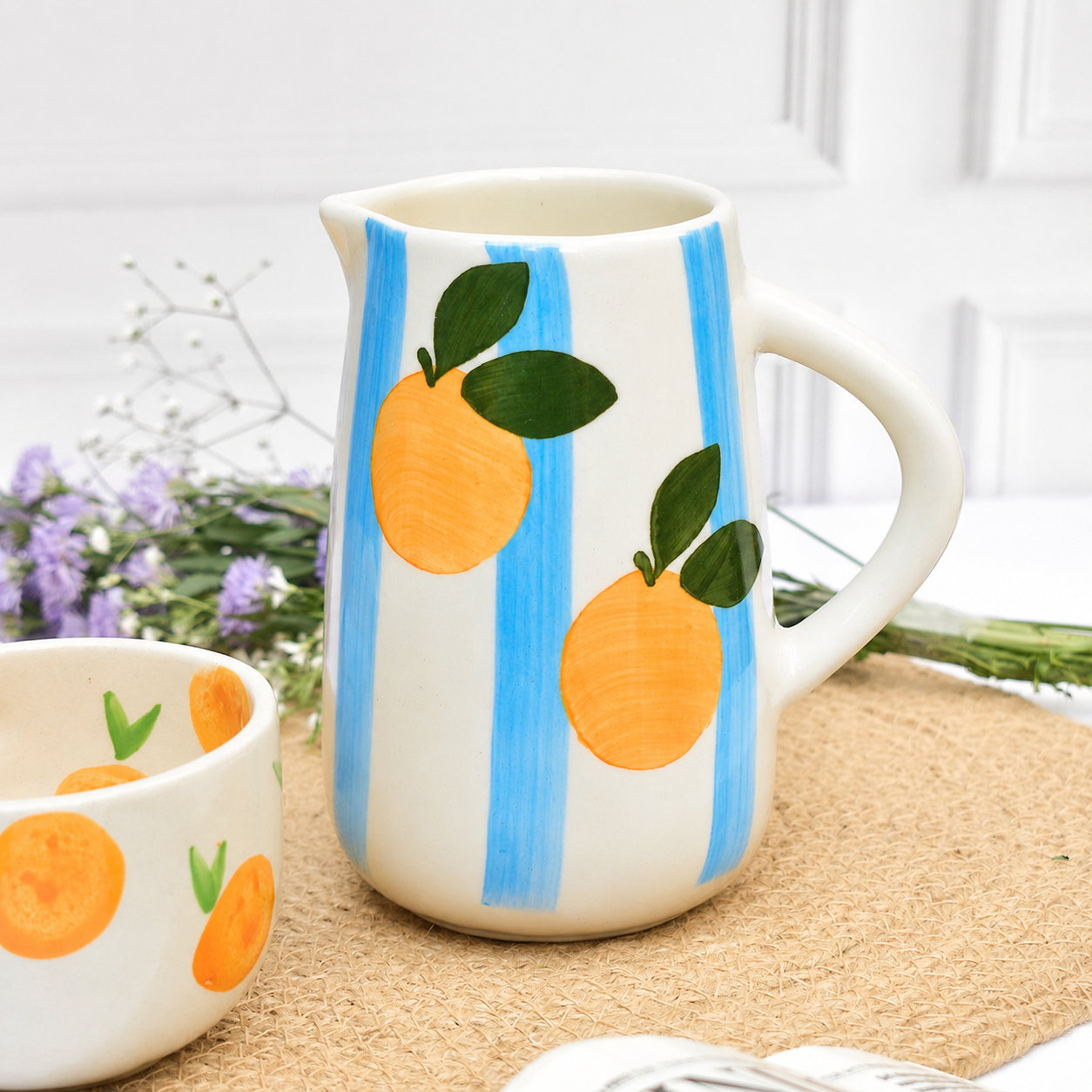 Jug | Indian Ceramic Blue Stripe | Orange