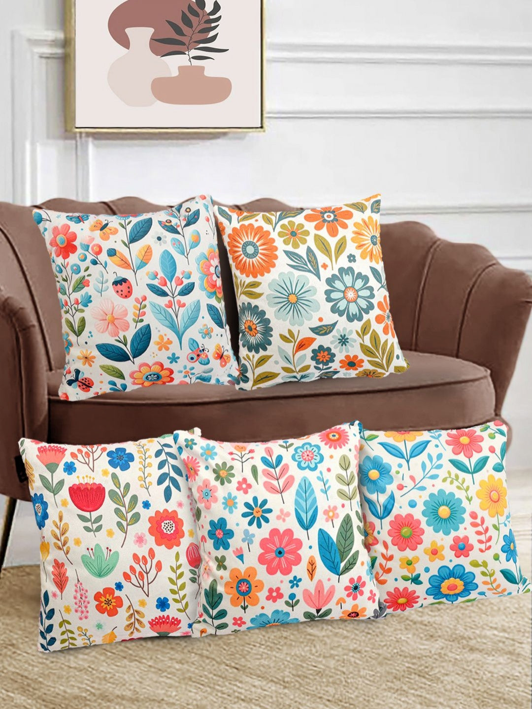 Lot de 5 housses de coussin réversibles blanches à motif floral, en velours imprimé numérique, 40 x 40 cm