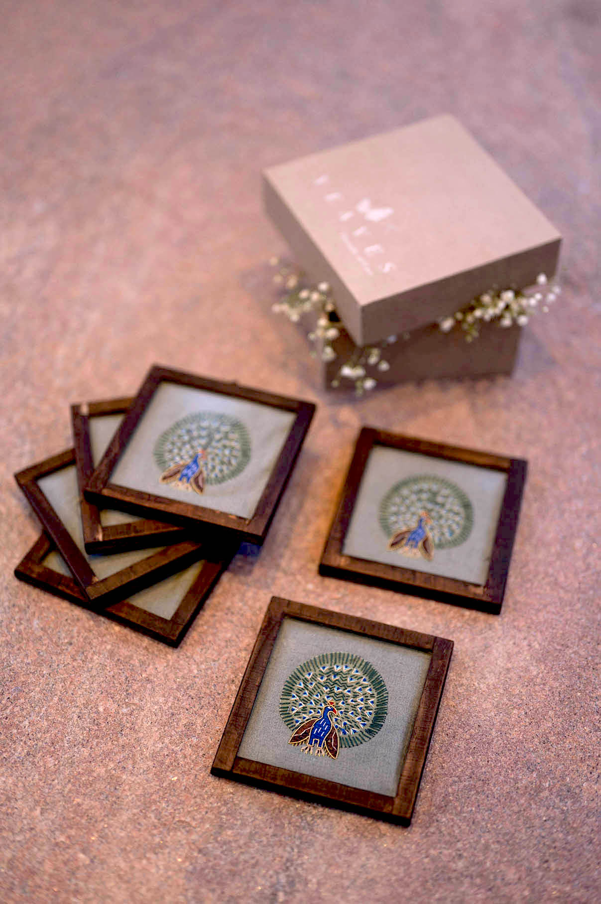 Dancing Peacock Handwoven Coasters - Set Of 2 Pcs with Coaster Holder