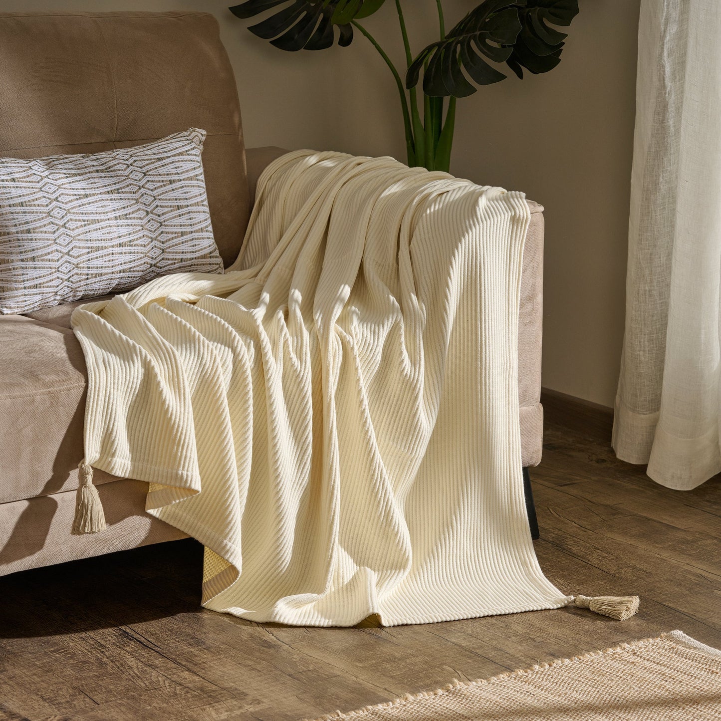 Throw Blanket | Cotton Bamboo Rib Tassels | Cream