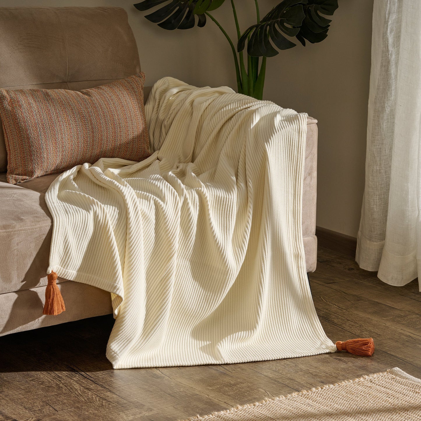 Throw Blanket | Cotton Bamboo Rib Tassels | Cream