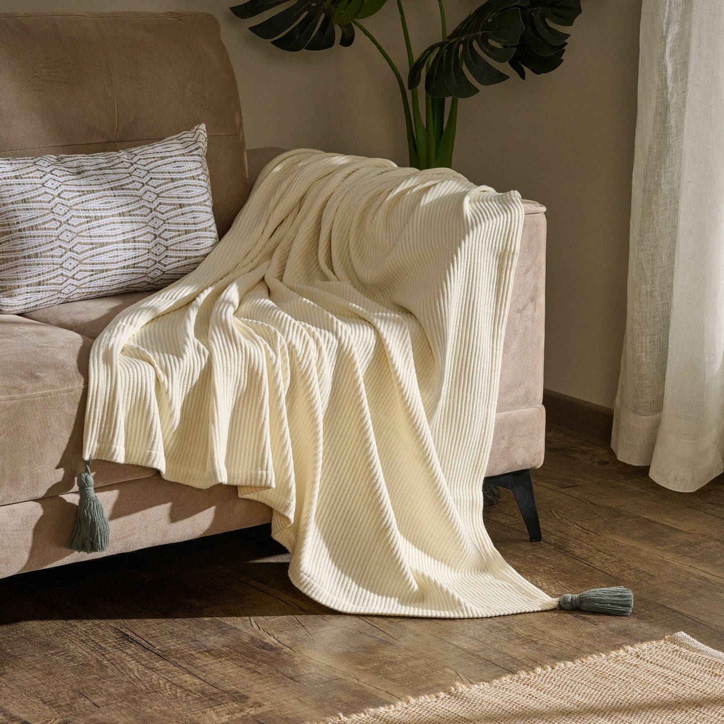 Throw Blanket | Cotton Bamboo Rib Tassels | Cream