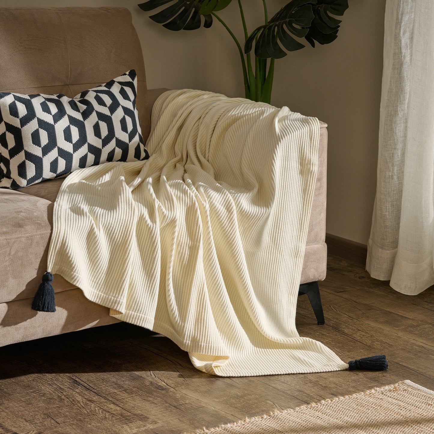 Throw Blanket | Cotton Bamboo Rib Tassels | Cream