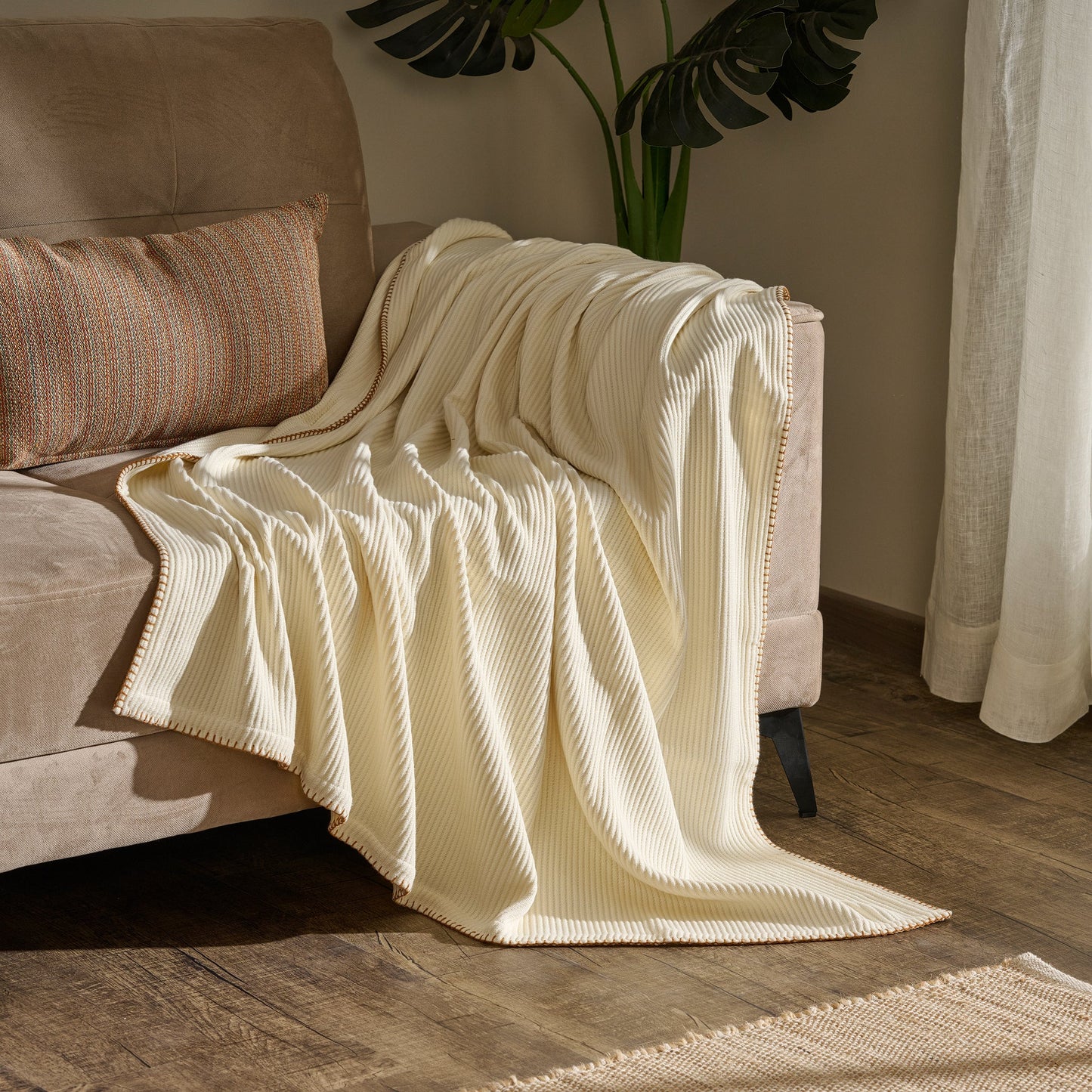 Throw Blanket | Cotton-Bamboo Whipstitch Ribbed | Cream