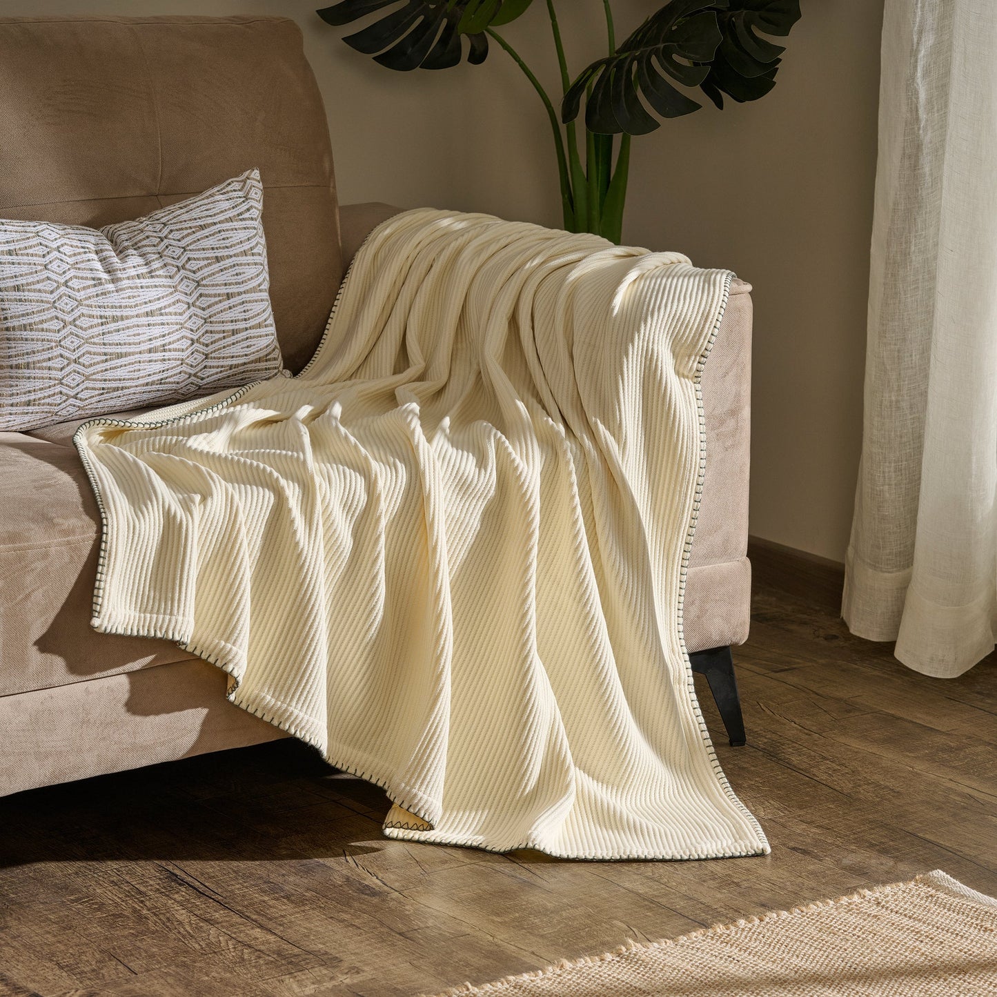 Throw Blanket | Cotton-Bamboo Whipstitch Ribbed | Cream