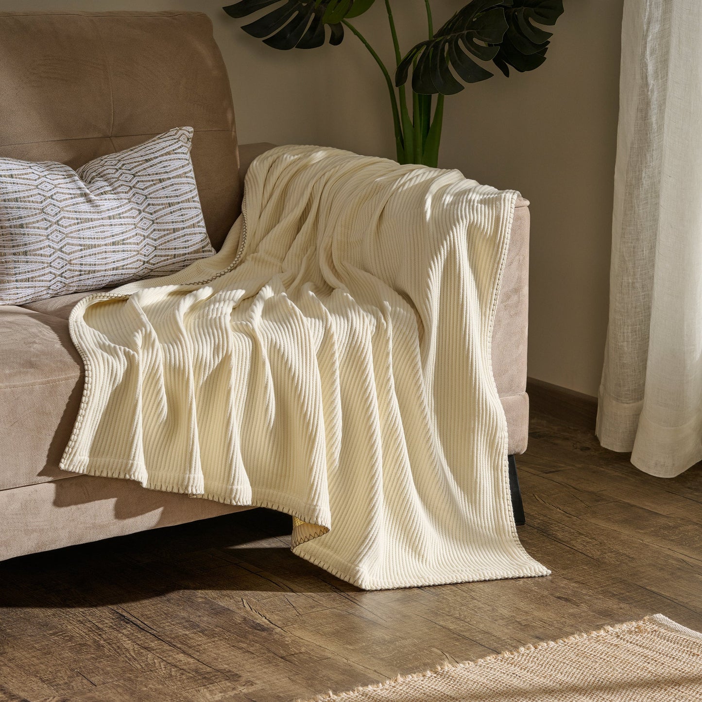 Throw Blanket | Cotton-Bamboo Whipstitch Ribbed | Cream