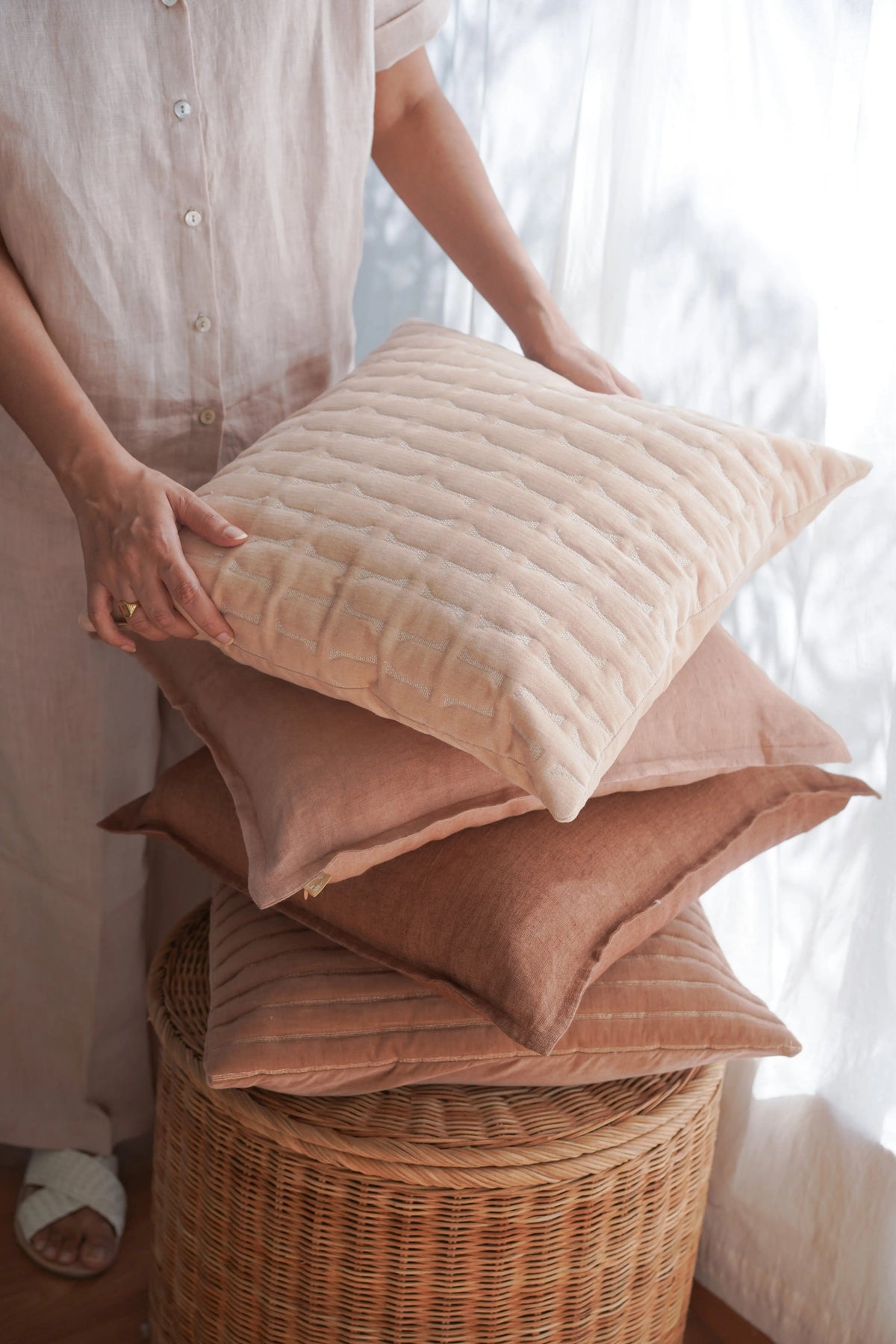 Twig Blush Embroidered Velvet Cushion Cover SanctuaryLiving