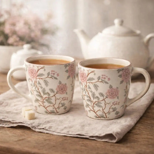Floral Stoneware Tea Mug Set – Vintage Pink Botanical Coffee Cups | Handcrafted Ceramic Tea Cups for Elegant Everyday Living