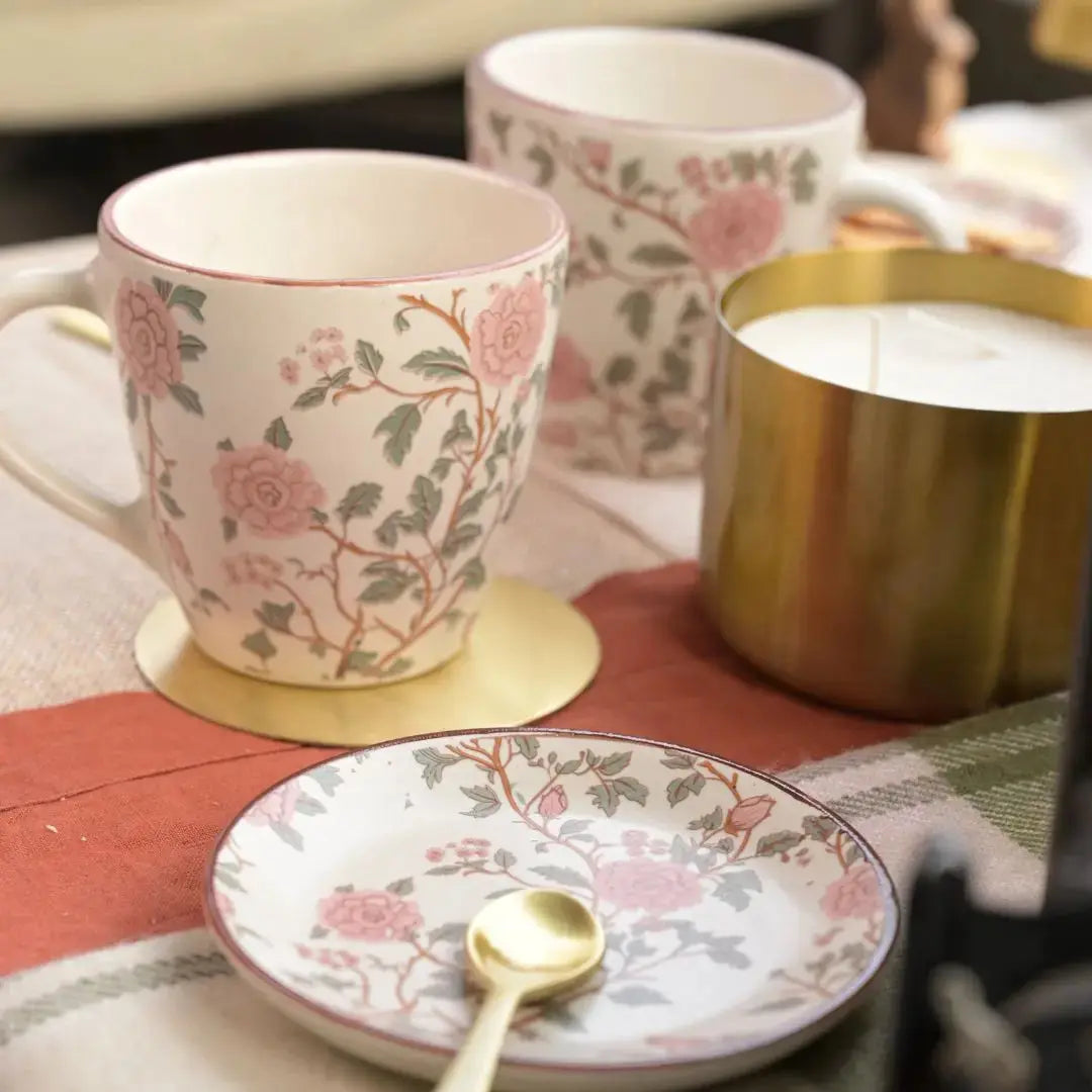 Floral Stoneware Tea Mug Set – Vintage Pink Botanical Coffee Cups | Handcrafted Ceramic Tea Cups for Elegant Everyday Living