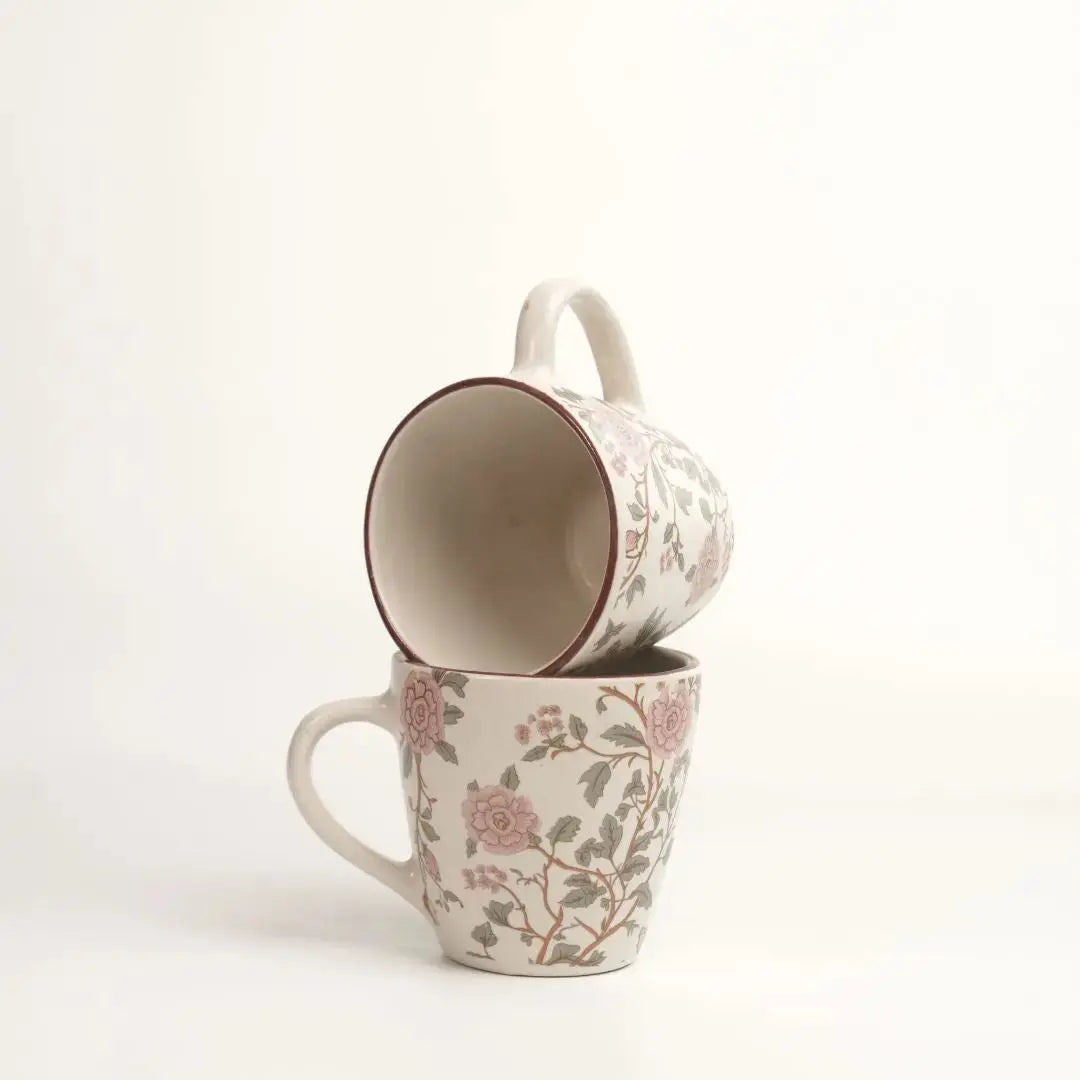 Floral Stoneware Tea Mug Set of 4 – Vintage Pink Botanical Coffee Cups | Elegant Ceramic Tea Cups for Aesthetic Tableware & Gifting